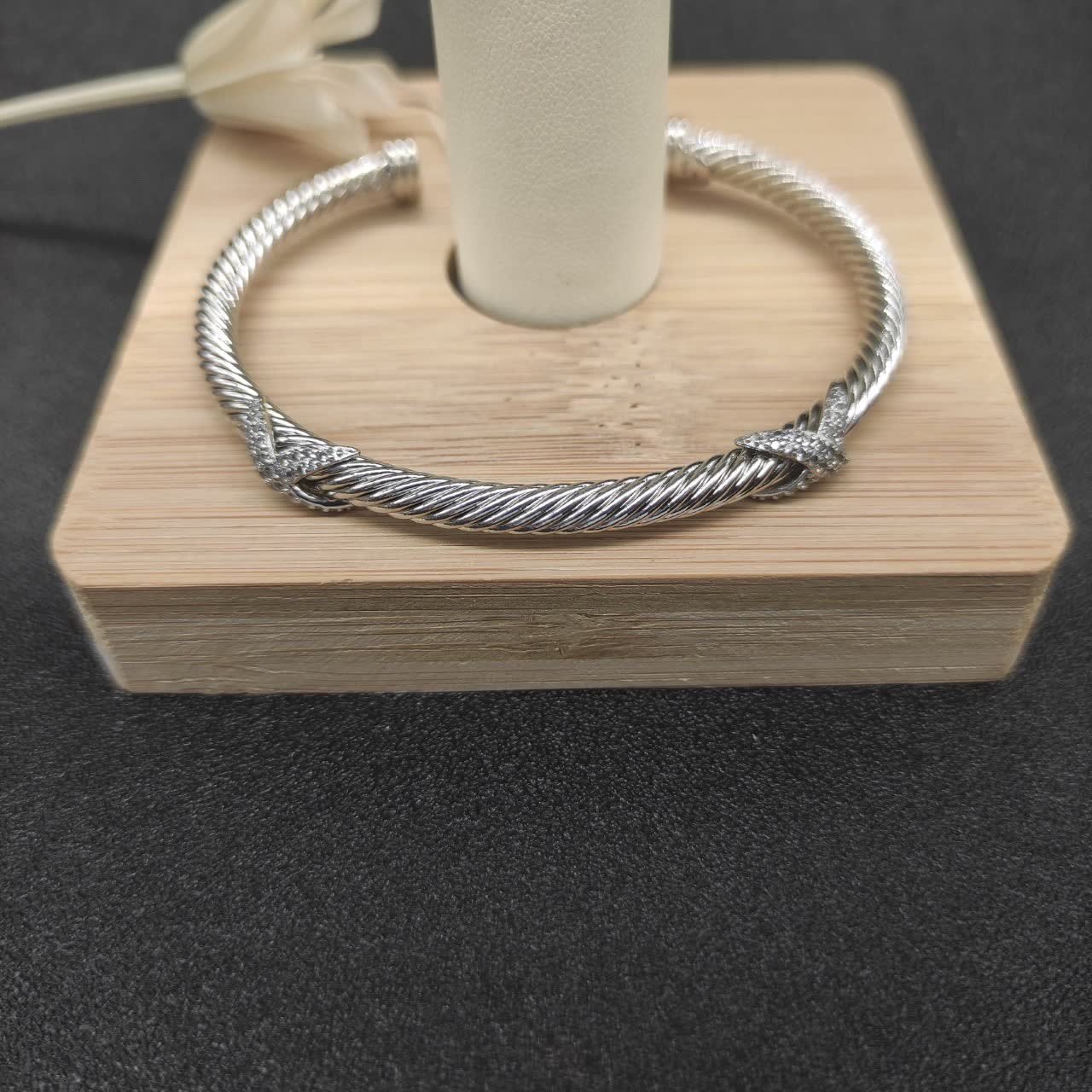 David Yurman Silver Twisted Wire Bracelet with Diamond Accents